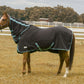 Horse wearing black and teal Tuffrider Fleece Cooler Sheet Combo standing in fenced grassy field