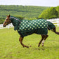 Tuffrider 1200D Ripstop 220 Gms Polyfill Horse Print Combo Neck Two Tone Horse Turnout Blanket on horse running outdoors