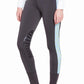 TuffRider Ladies Athena EquiCool Riding Tights in black with blue patterned side panels and knee grips for equestrian use.