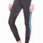 Woman wearing Women's Cooling Riding Tights - UPF 50+ UV Protection Equestrian Tights with Silicone Knee Patches in black with blue side panels