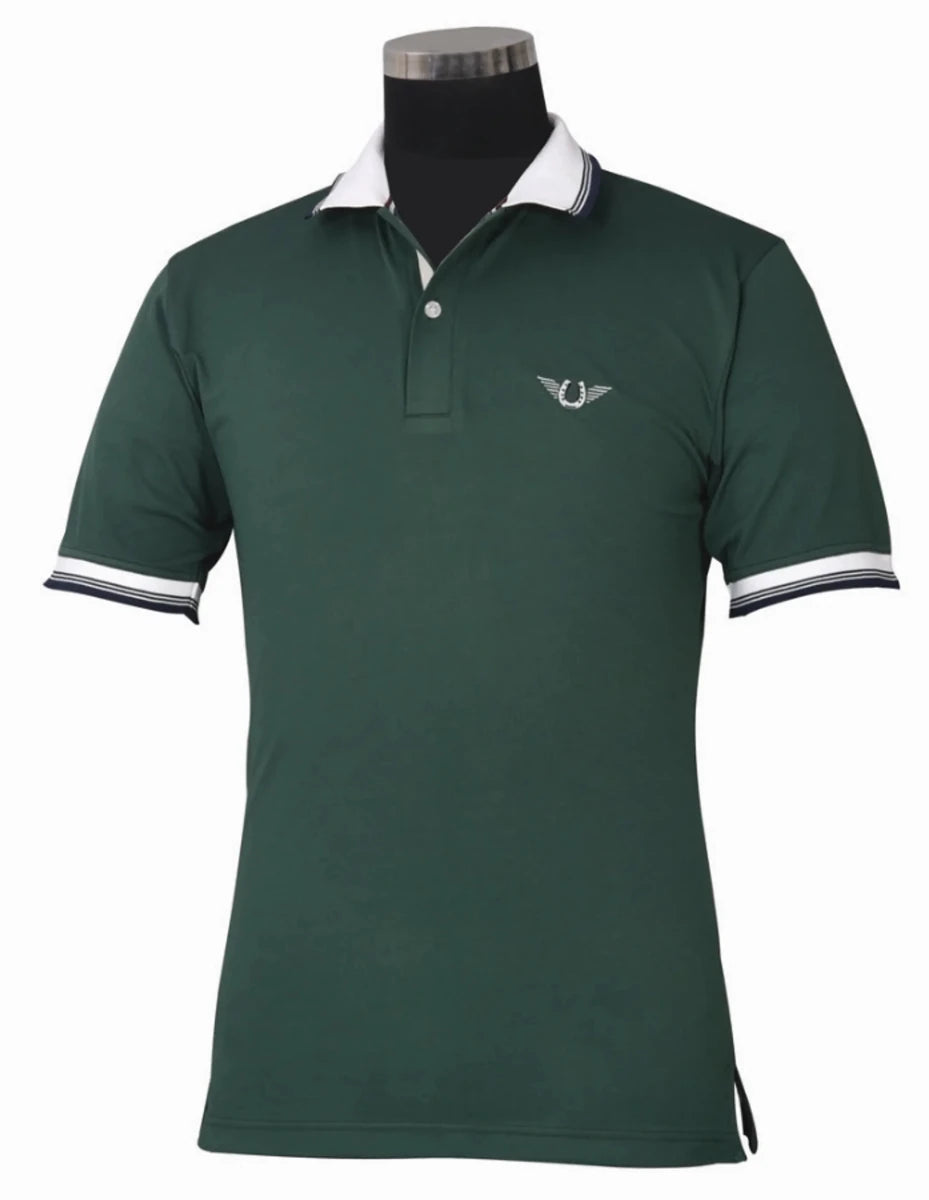 Men's Polo Shirt - TuffRider Mark Short Sleeve EquiCool Sport Polo with UV Protection in dark green with white collar accents
