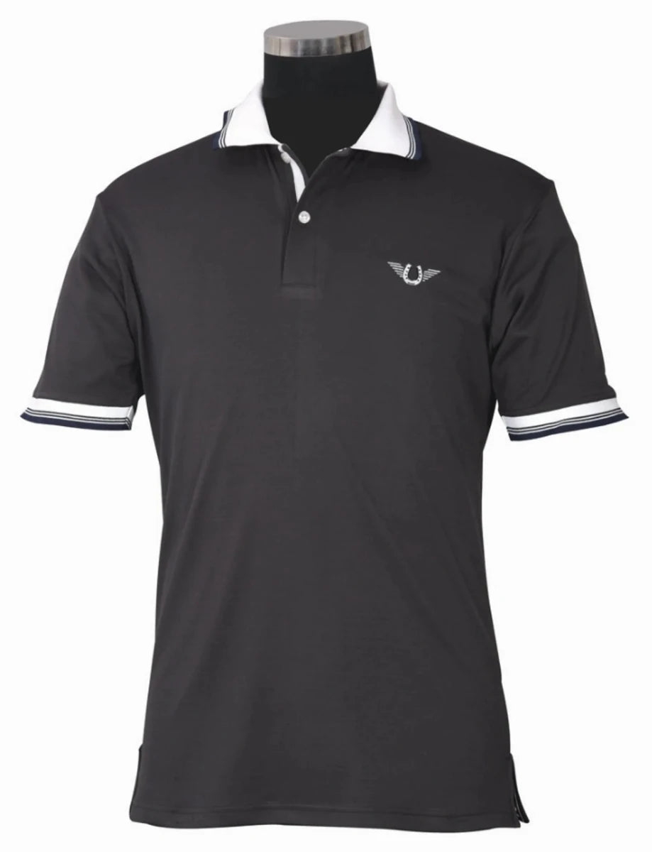 Men's Polo Shirt - TuffRider Mark Short Sleeve EquiCool Sport Polo with UV Protection black with white collar and sleeve trim