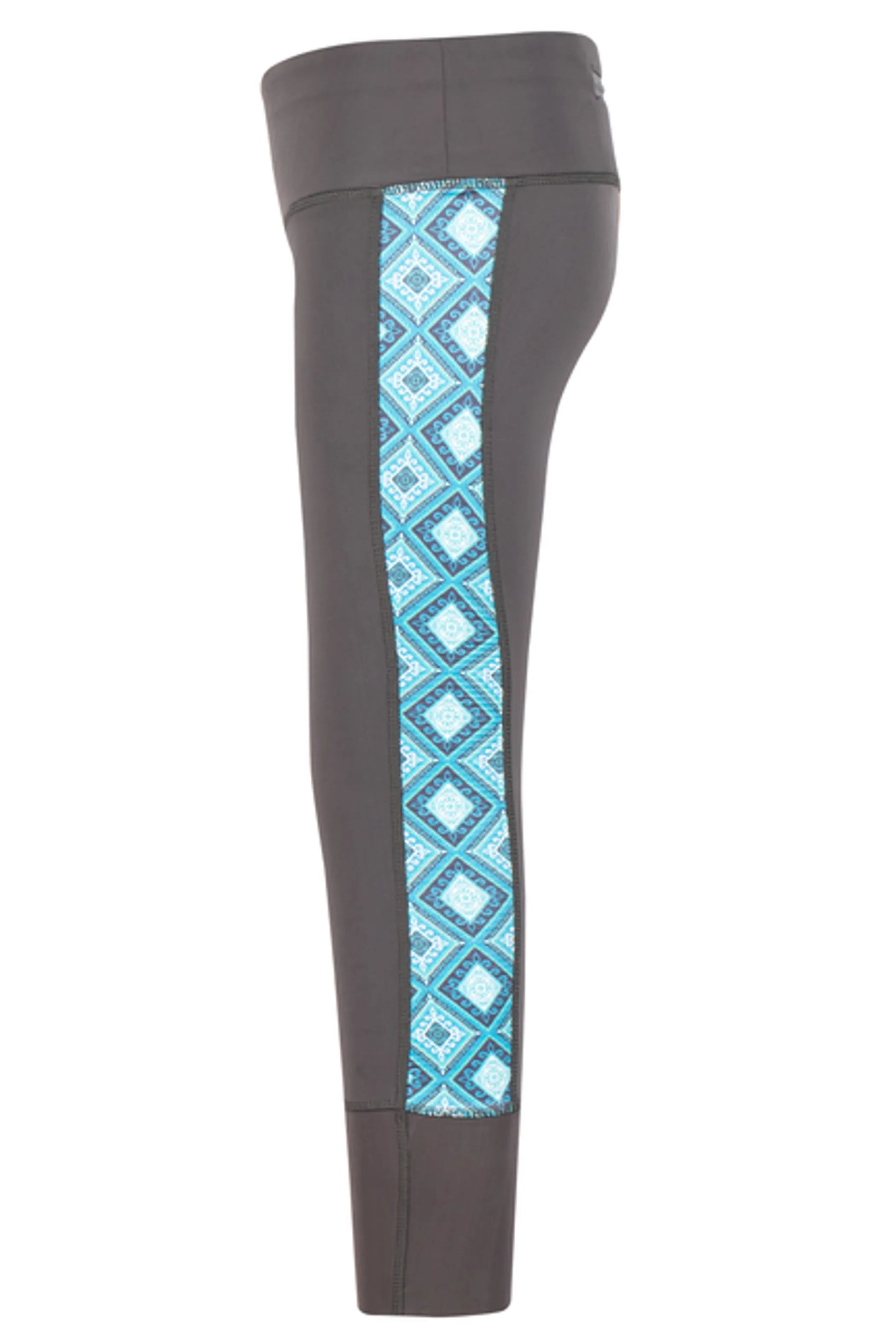 TuffRider Children's Artemis EquiCool Riding Tights with black fabric and blue patterned side panel for equestrian activities.