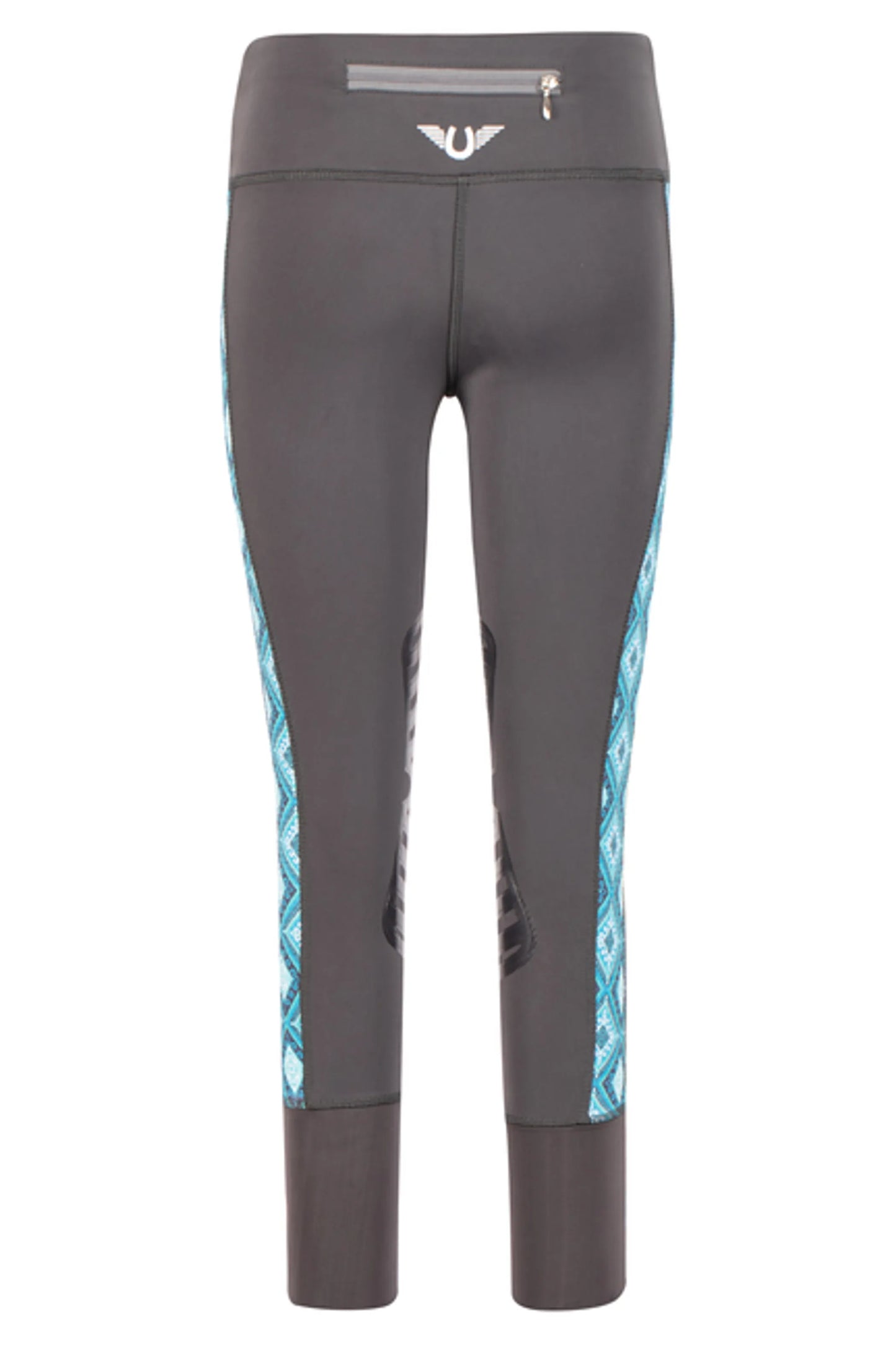 TuffRider Children's Artemis EquiCool Riding Tights in gray with blue patterned side panels and rear knee grip patches.