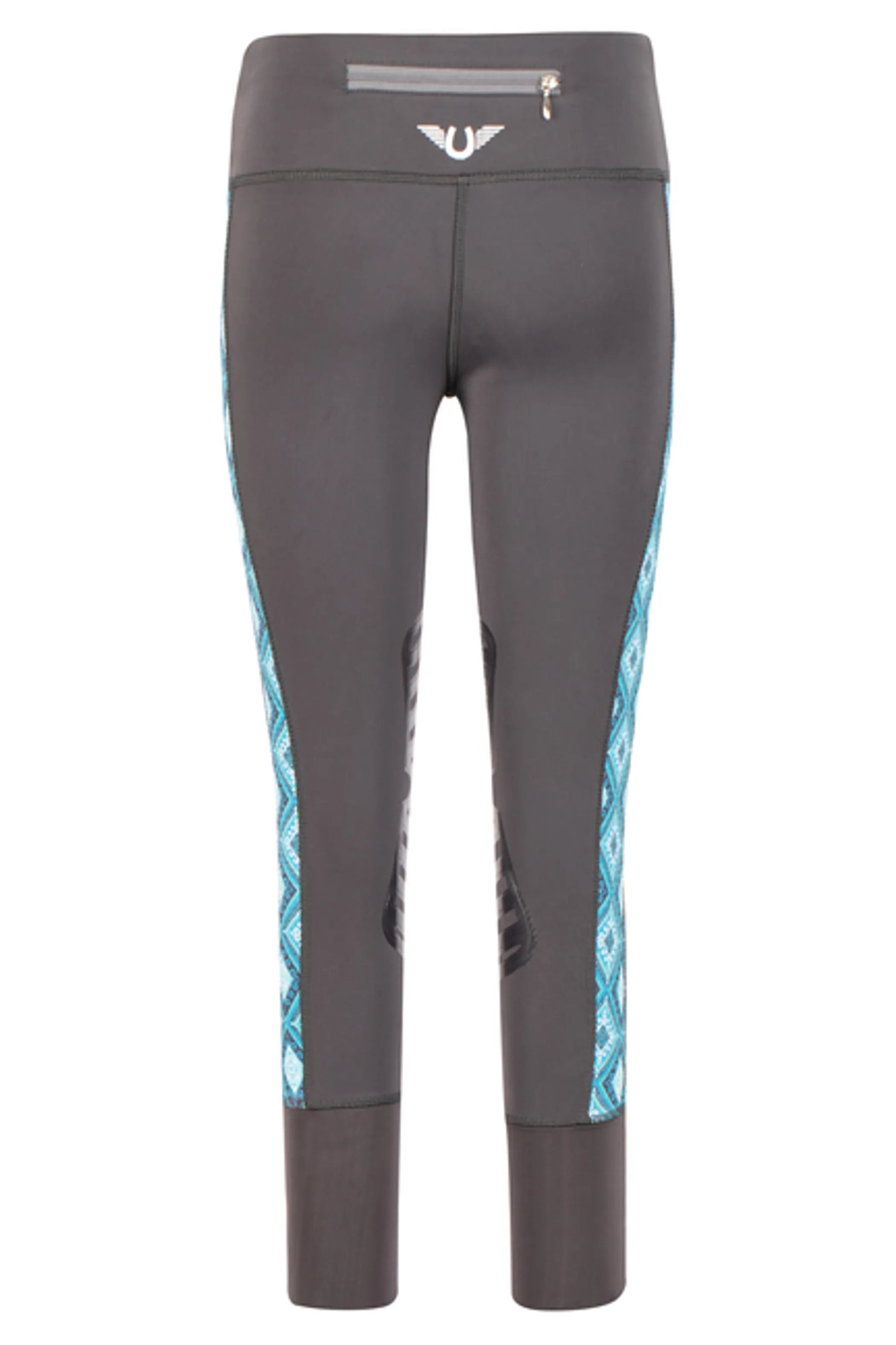 TuffRider Children's Artemis EquiCool Riding Tights in gray with blue patterned side panels and rear knee grip patches.