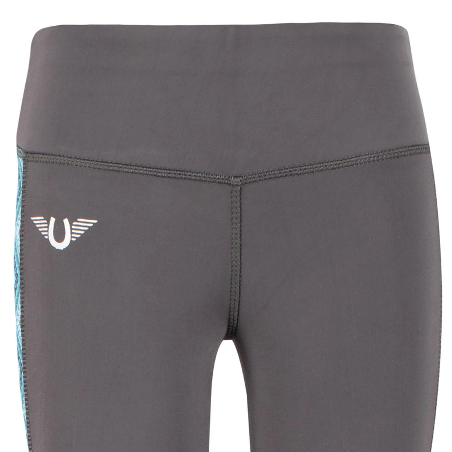 TuffRider Children's Artemis EquiCool Riding Tights in gray with blue side detailing for equestrian activities.