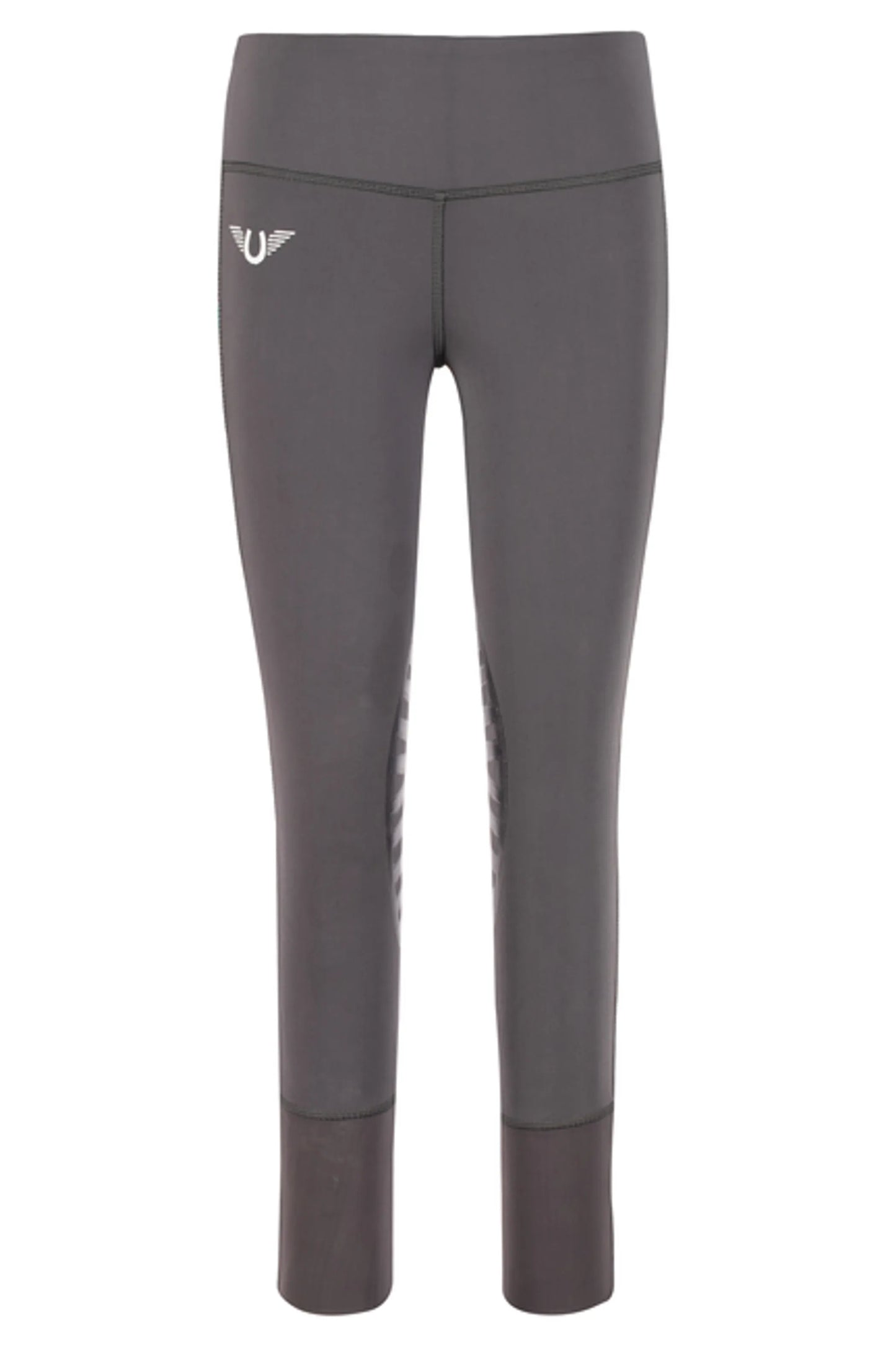 TuffRider Children's Iris EquiCool Riding Tights in gray with elastic waistband and knee grip detailing for equestrian activities.