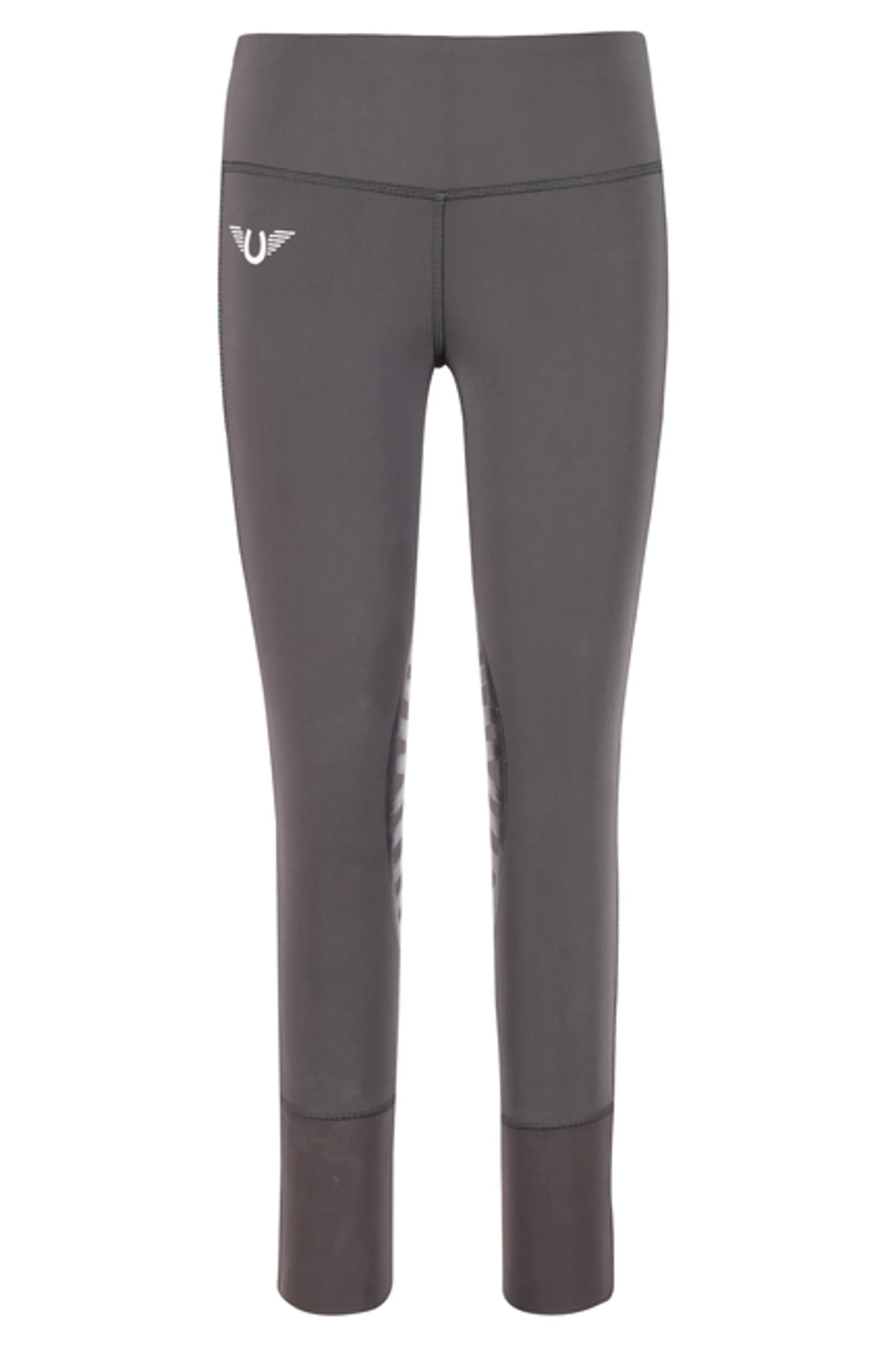 TuffRider Children's Iris EquiCool Riding Tights in gray with elastic waistband and knee grip detailing for equestrian activities.