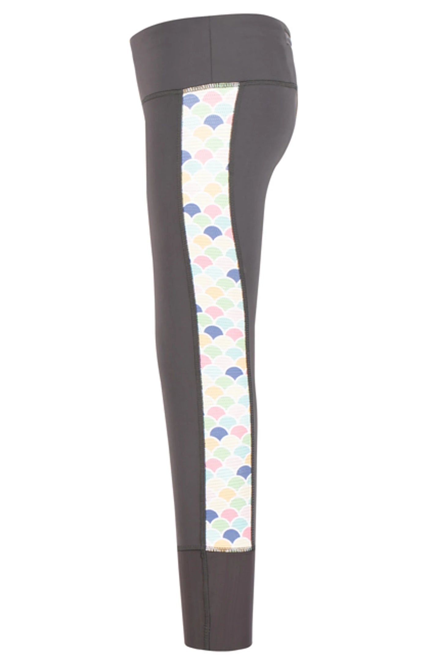 TuffRider Children's Iris EquiCool Riding Tights in dark color with pastel scallop patterned side panel shown from side.
