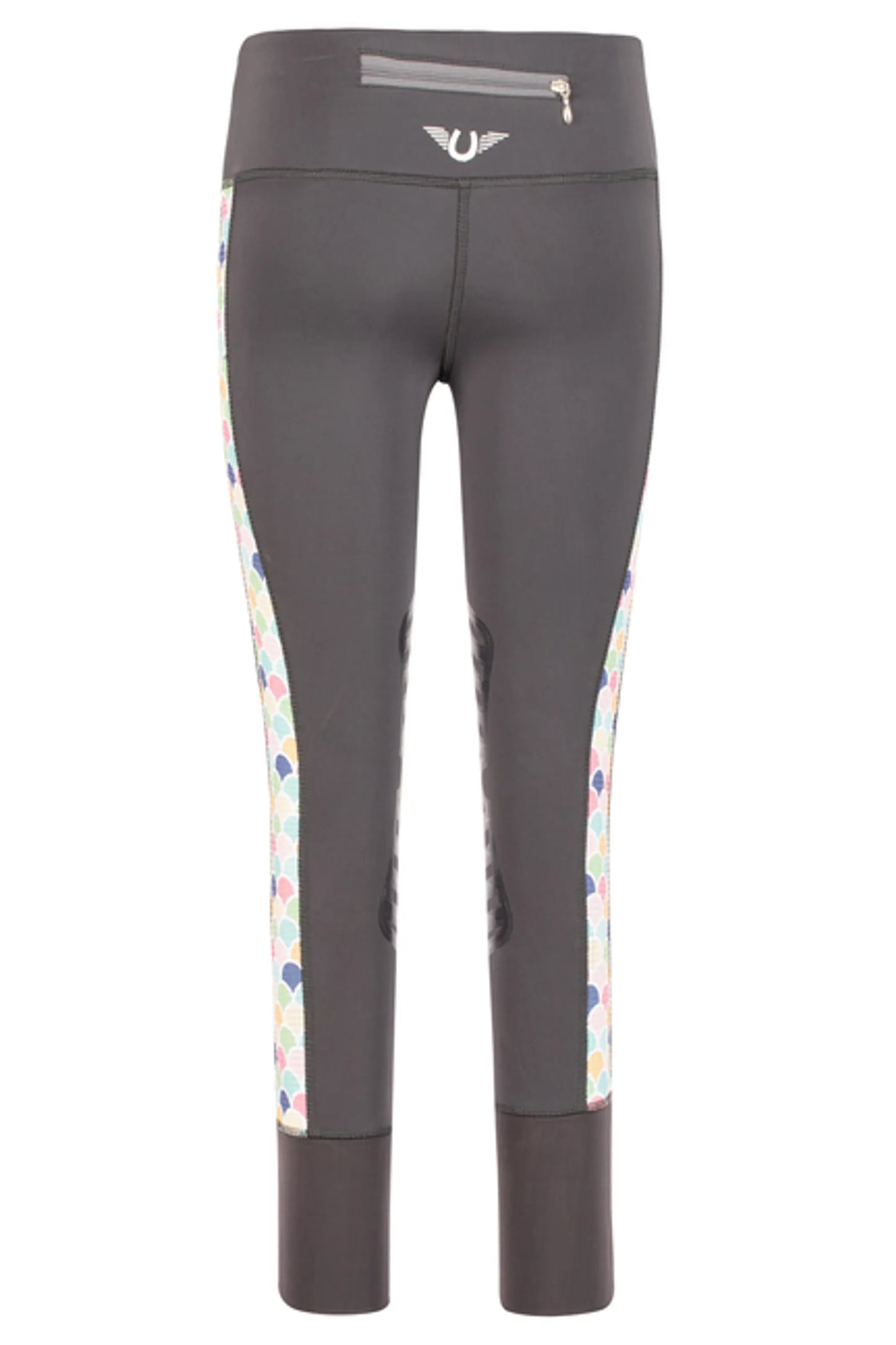 TuffRider Children's Iris EquiCool Riding Tights in dark gray with colorful side panels and back zip pocket detail.