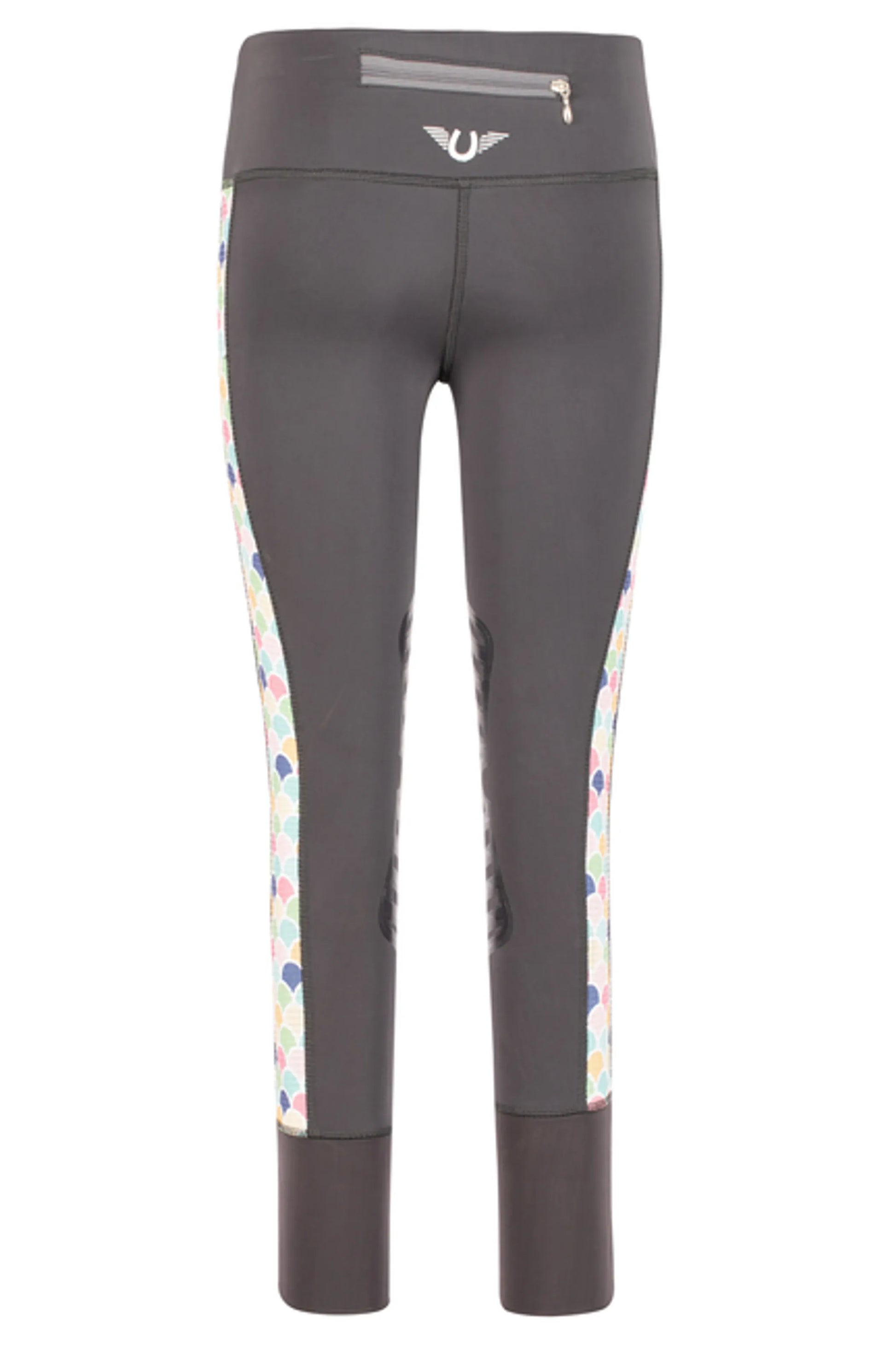 TuffRider Children's Iris EquiCool Riding Tights in dark gray with colorful side panels and back zip pocket detail.