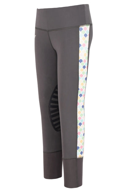 TuffRider Children's Iris EquiCool Riding Tights in gray with pastel patterned side panel and knee grip for equestrian use