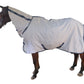 Brown horse wearing a beige and navy TuffRider Comfy StayCool Combo Sheet with neck and belly coverage
