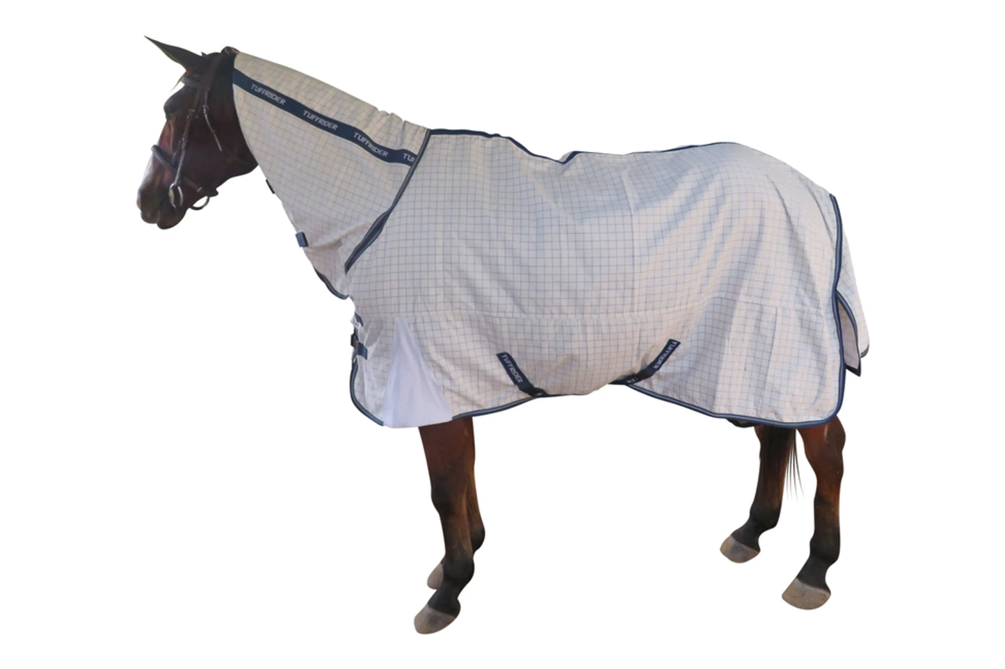 Horse wearing TuffRider Comfy StayCool Combo Sheet in light check pattern with neck cover, designed for equestrian use.