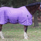 Brown horse wearing a purple plaid TuffRider Power Mesh Plaid Fly Sheet standing outside near trees