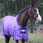 Horse wearing a purple plaid protective sheet in a field, featuring the TuffRider Power Mesh Plaid Fly Sheet.