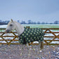White horse wearing a Waterproof Pony Turnout Blanket - 220g Insulated Winter Horse Blanket with Fun Print in snowy paddock