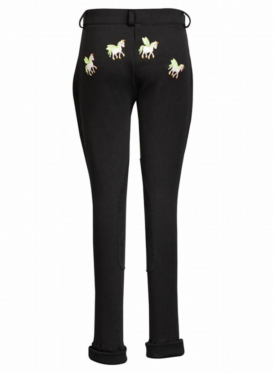 Kids Winter Jodhpurs - TuffRider Children's Unicorn Unifleece Pull-On Fleece Lined Knee Patch Jodhpurs in black with unicorn accents