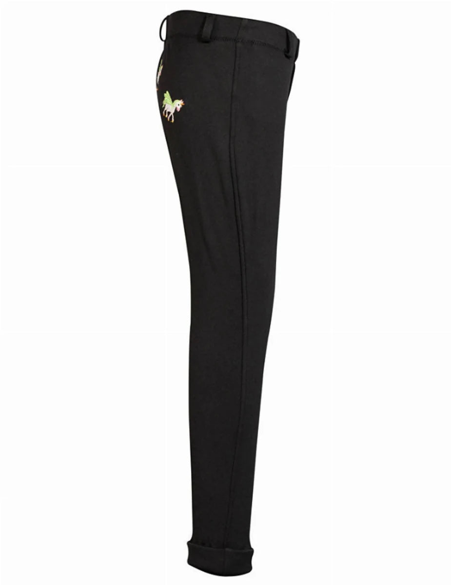 Kids Winter Jodhpurs - TuffRider Children's Unicorn Unifleece Pull-On Fleece Lined Knee Patch Jodhpurs in black with unicorn detail