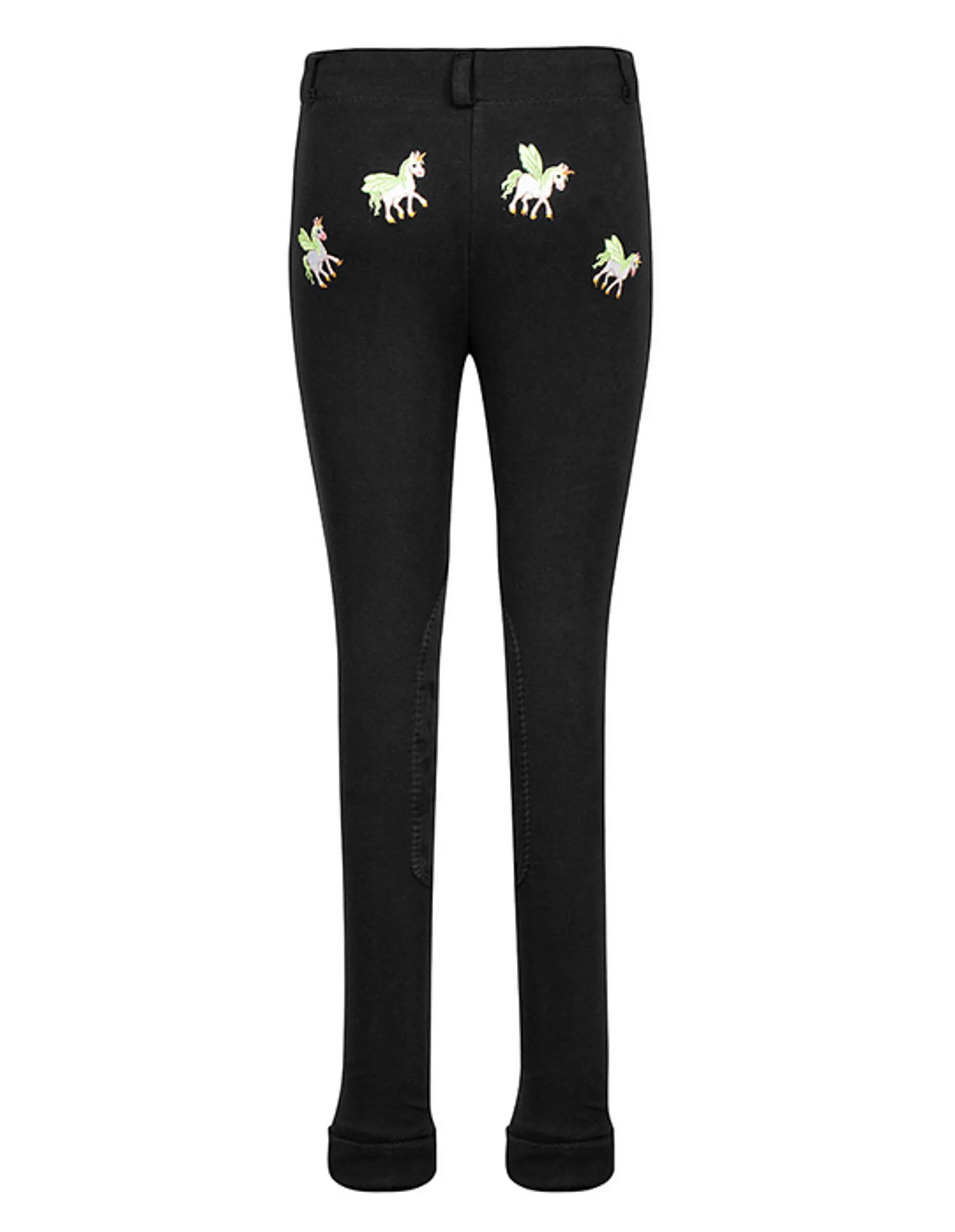 TuffRider Children's Unicorn Pull-On Jodhpurs in black with colorful unicorn embroidery on back pockets.