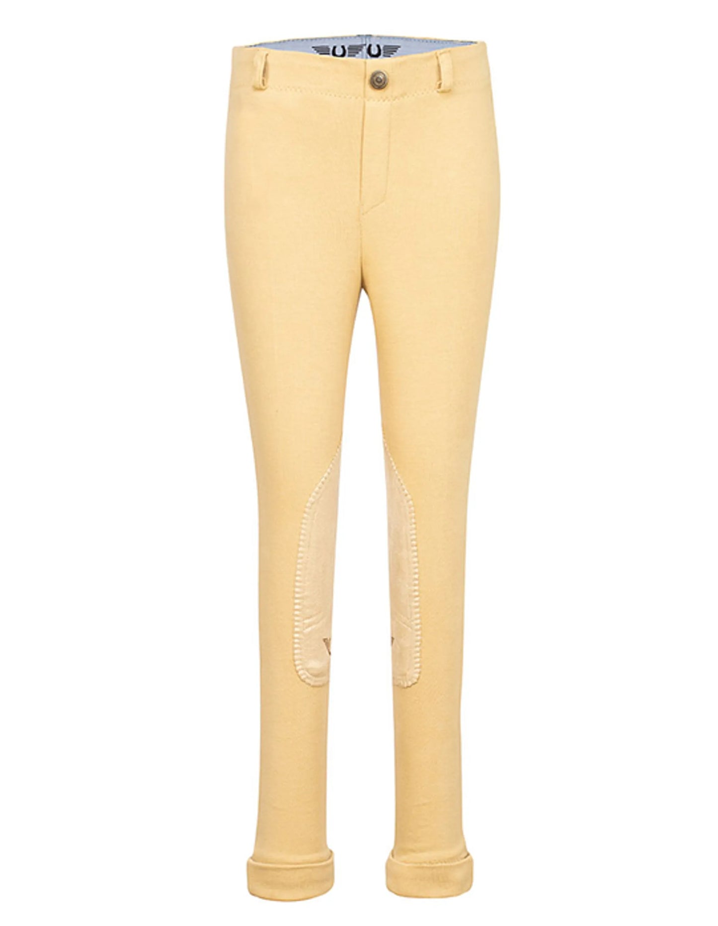 TuffRider Children's Unicorn Pull-On Jodhpurs in light tan with reinforced knee patches and button closure
