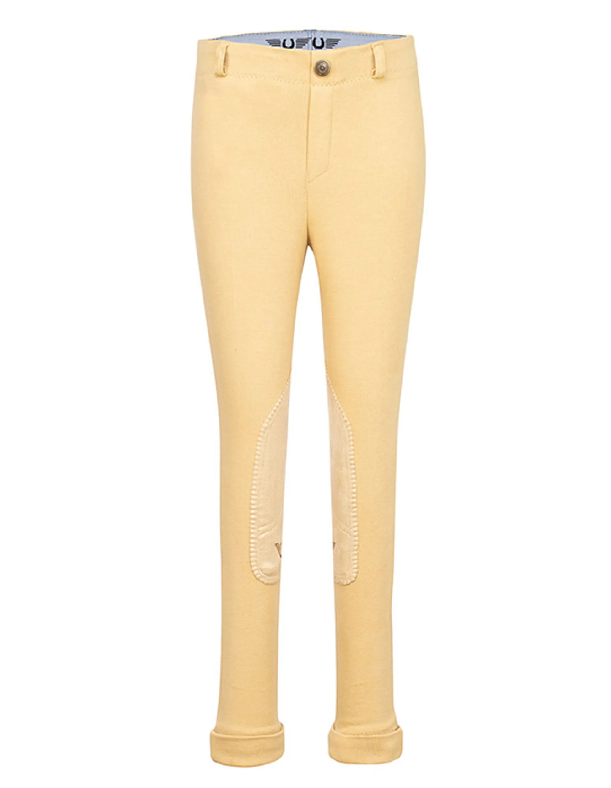 TuffRider Children's Unicorn Pull-On Jodhpurs in light tan with knee patches, designed for equestrian comfort and durability