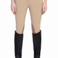 Close-up front view of black Tuffrider Air Mesh Washable Half Chaps worn over tan riding pants and black boots