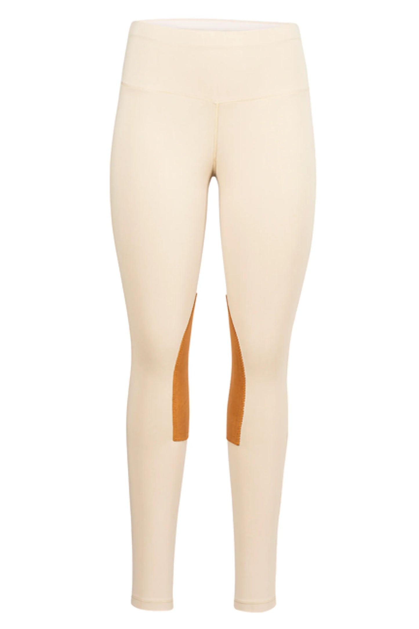 TuffRider Ladies Prime Tights in light beige with brown knee patches, designed for comfort and durability.