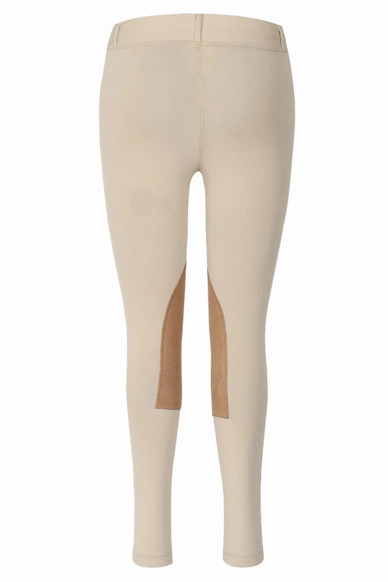 Tuffrider Children's Prime Tights With Belt Loops in beige with knee patches, designed for comfortable wear.
