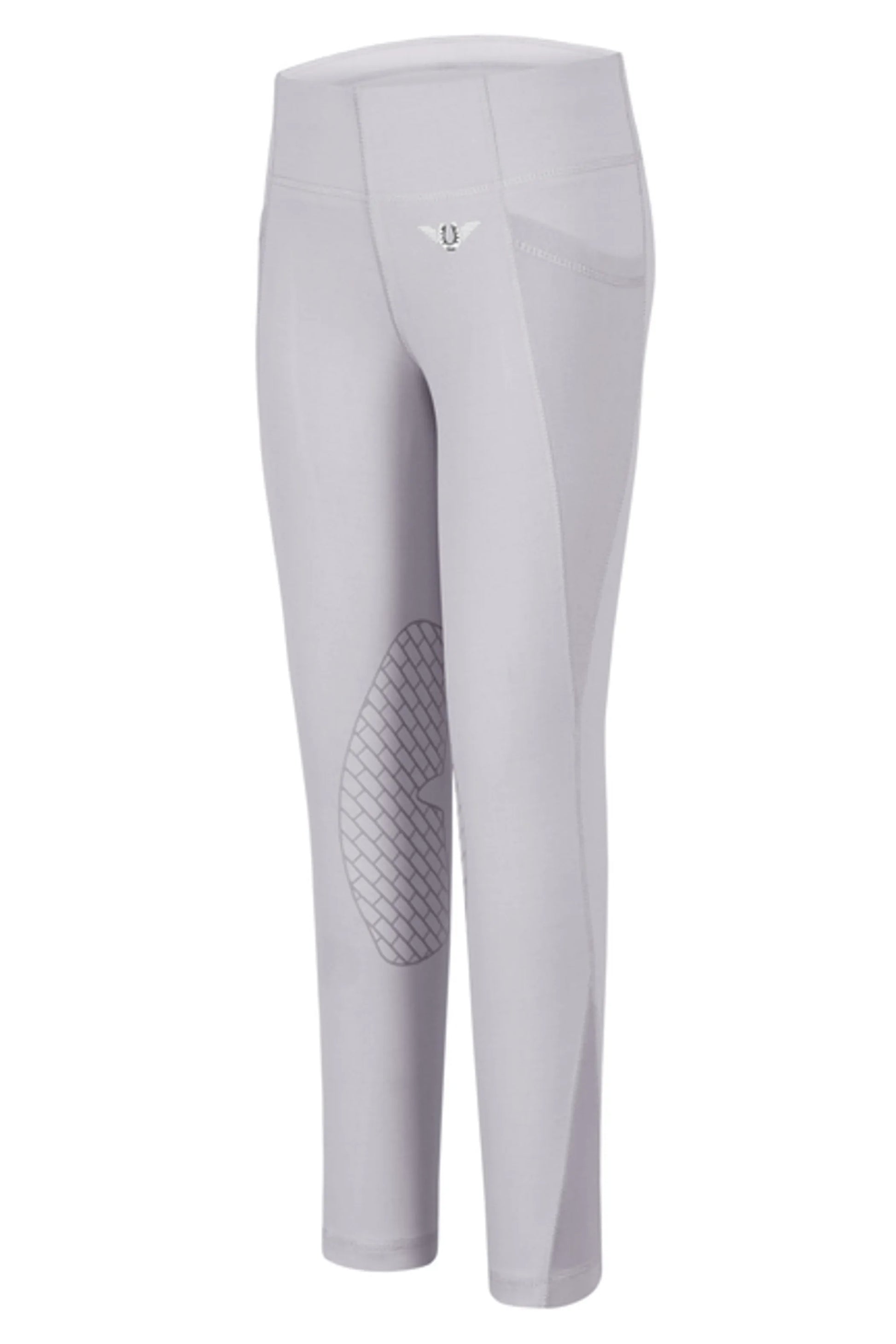 TuffRider Children's Minerva EquiCool Tights in light gray with grip patch for comfortable equestrian wear.