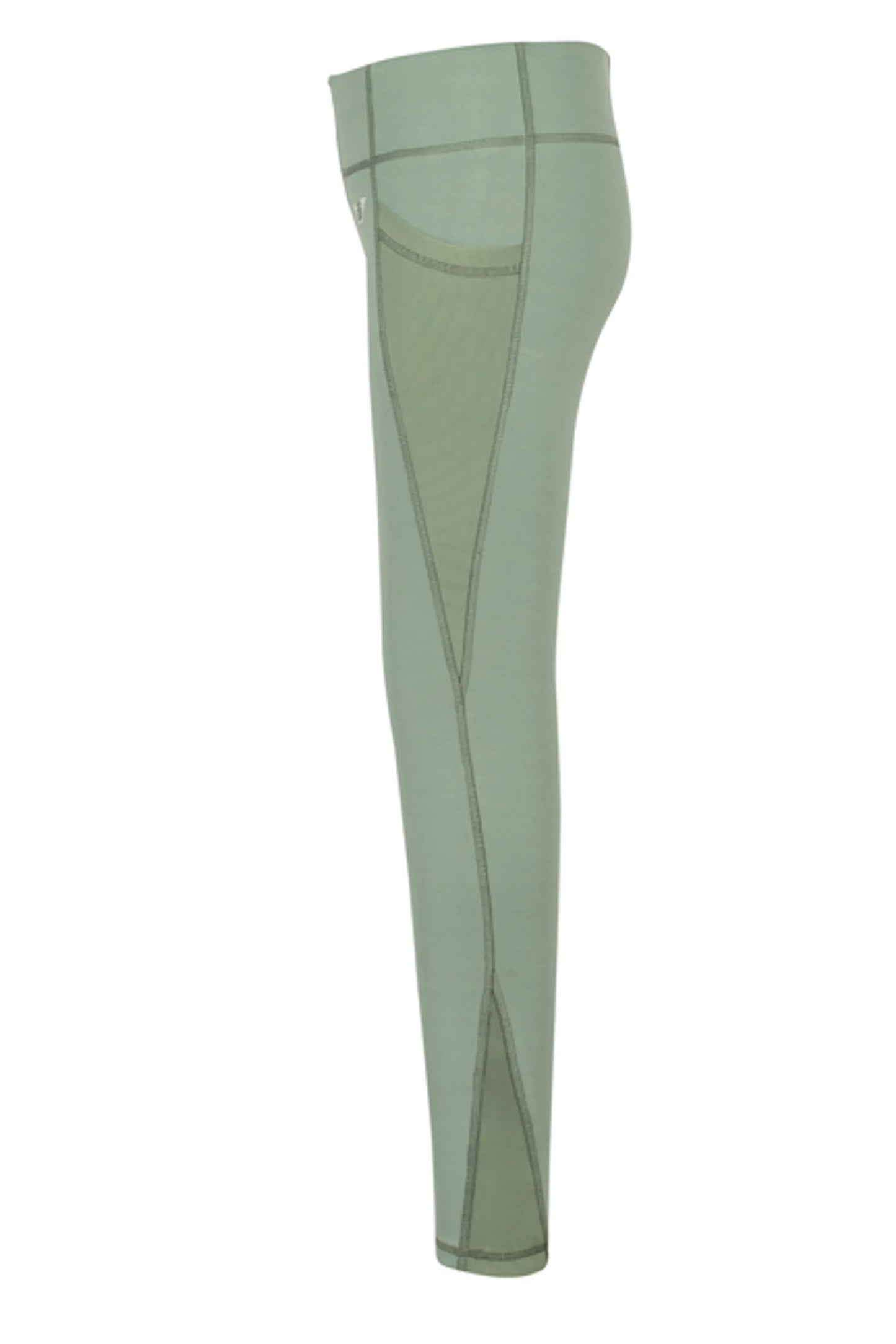 Side view of green athletic leggings for kids called TuffRider Children's Minerva EquiCool Tights with mesh panels
