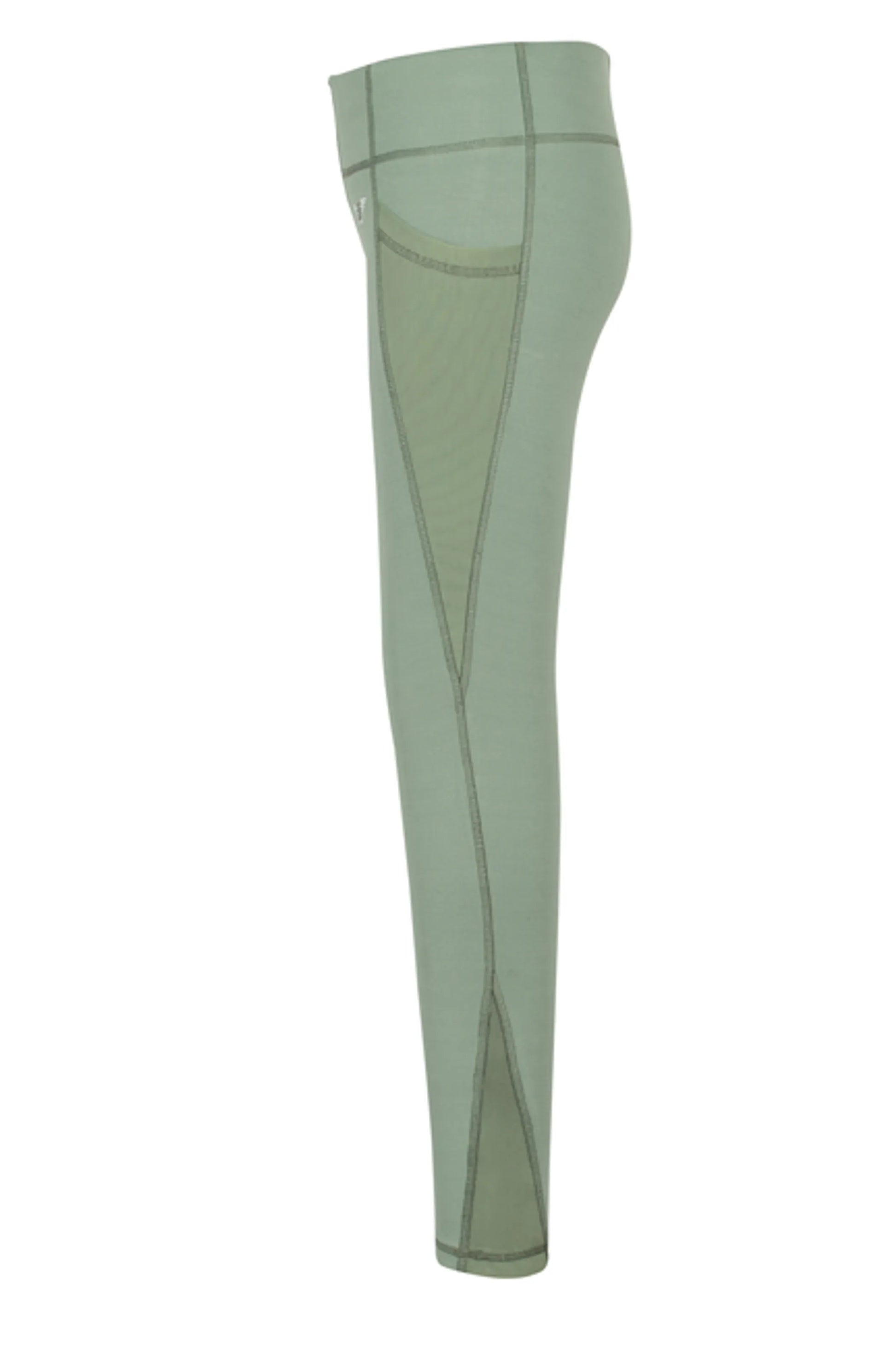 Side view of green athletic leggings for kids called TuffRider Children's Minerva EquiCool Tights with mesh panels