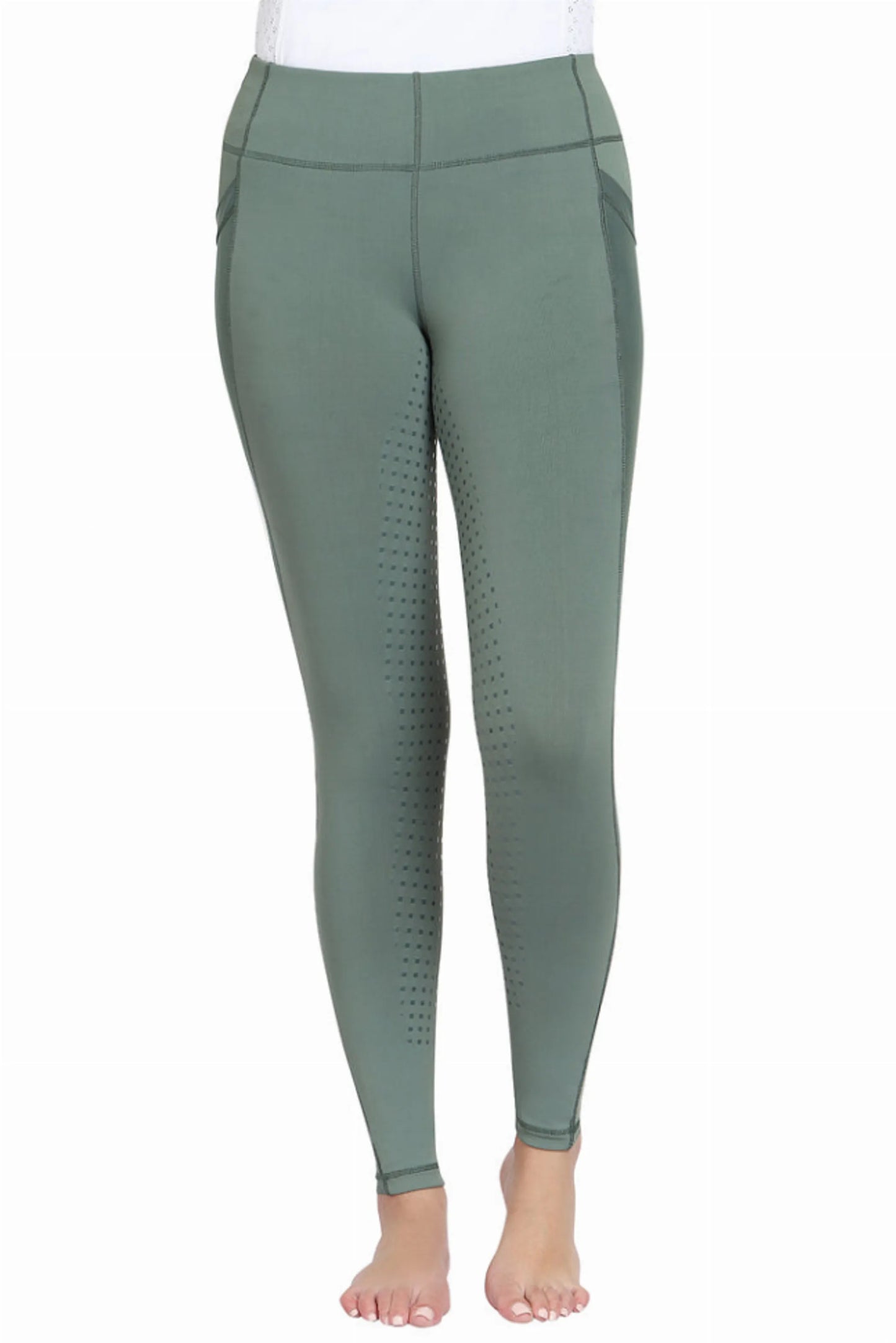 TuffRider Ladies Minerva EquiCool Full Seat Tights in green with full seat silicone grip panels for equestrian use