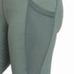 Close-up of side pocket detail on TuffRider Ladies Minerva EquiCool Full Seat Tights in muted green color.