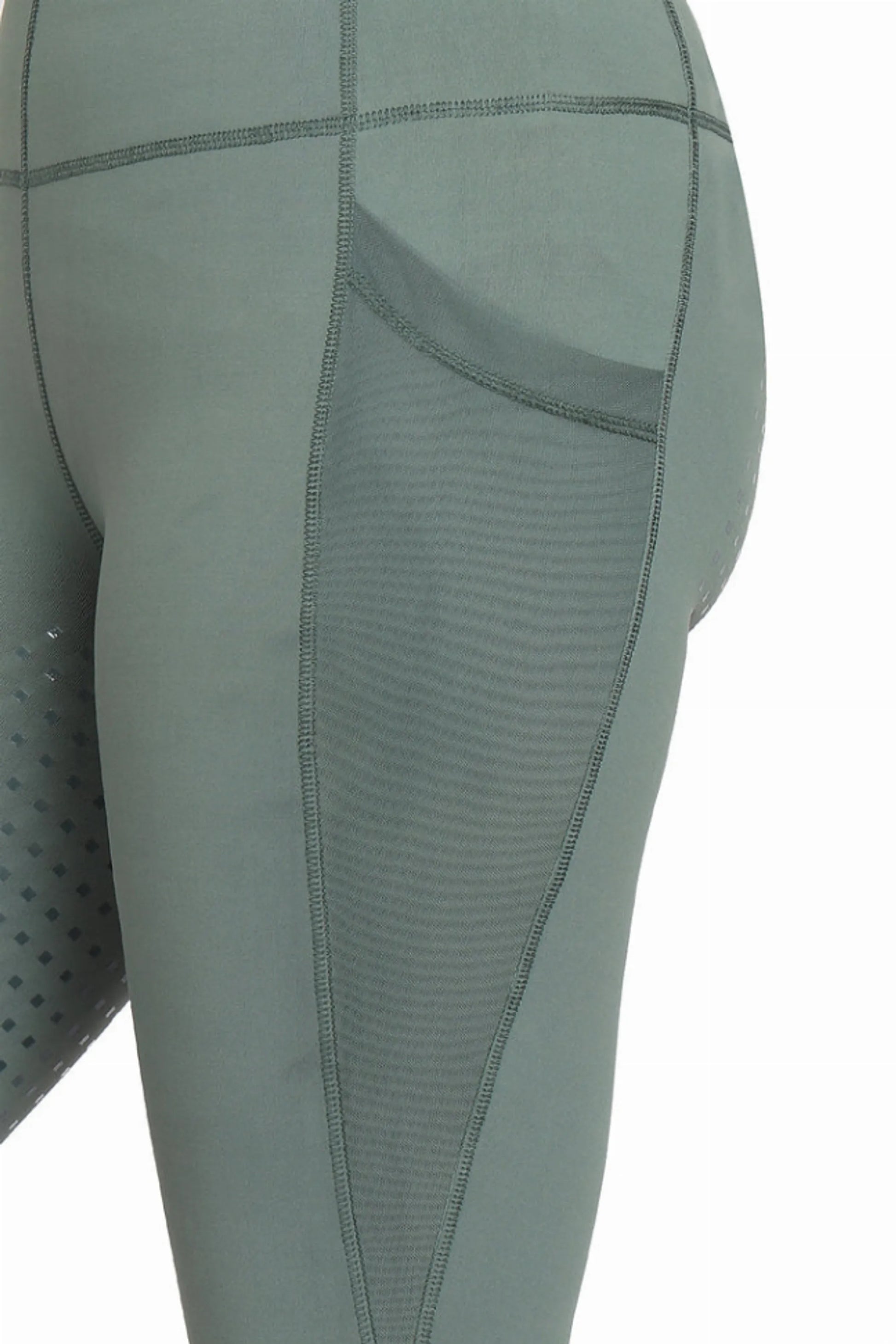 Close-up of side pocket detail on TuffRider Ladies Minerva EquiCool Full Seat Tights in muted green color.