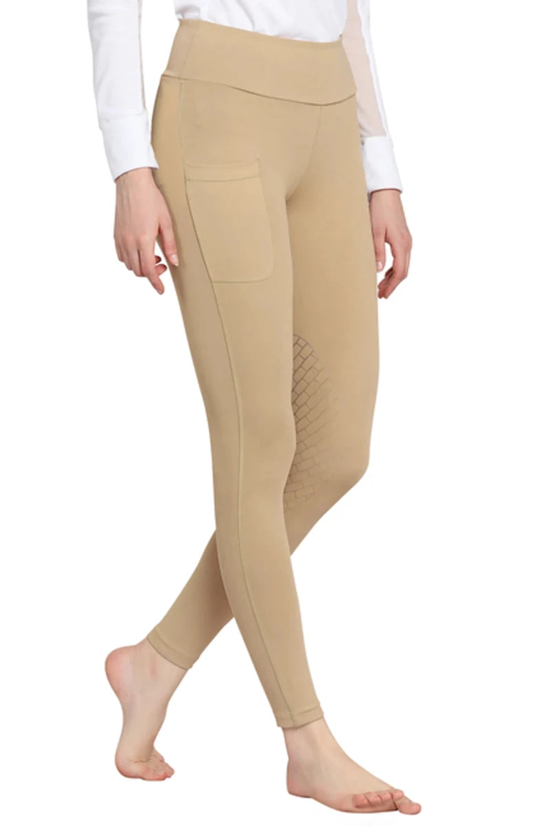 TuffRider Ladies Bootie Tights With Pocket in tan, featuring a side pocket and textured knee grip for riding.