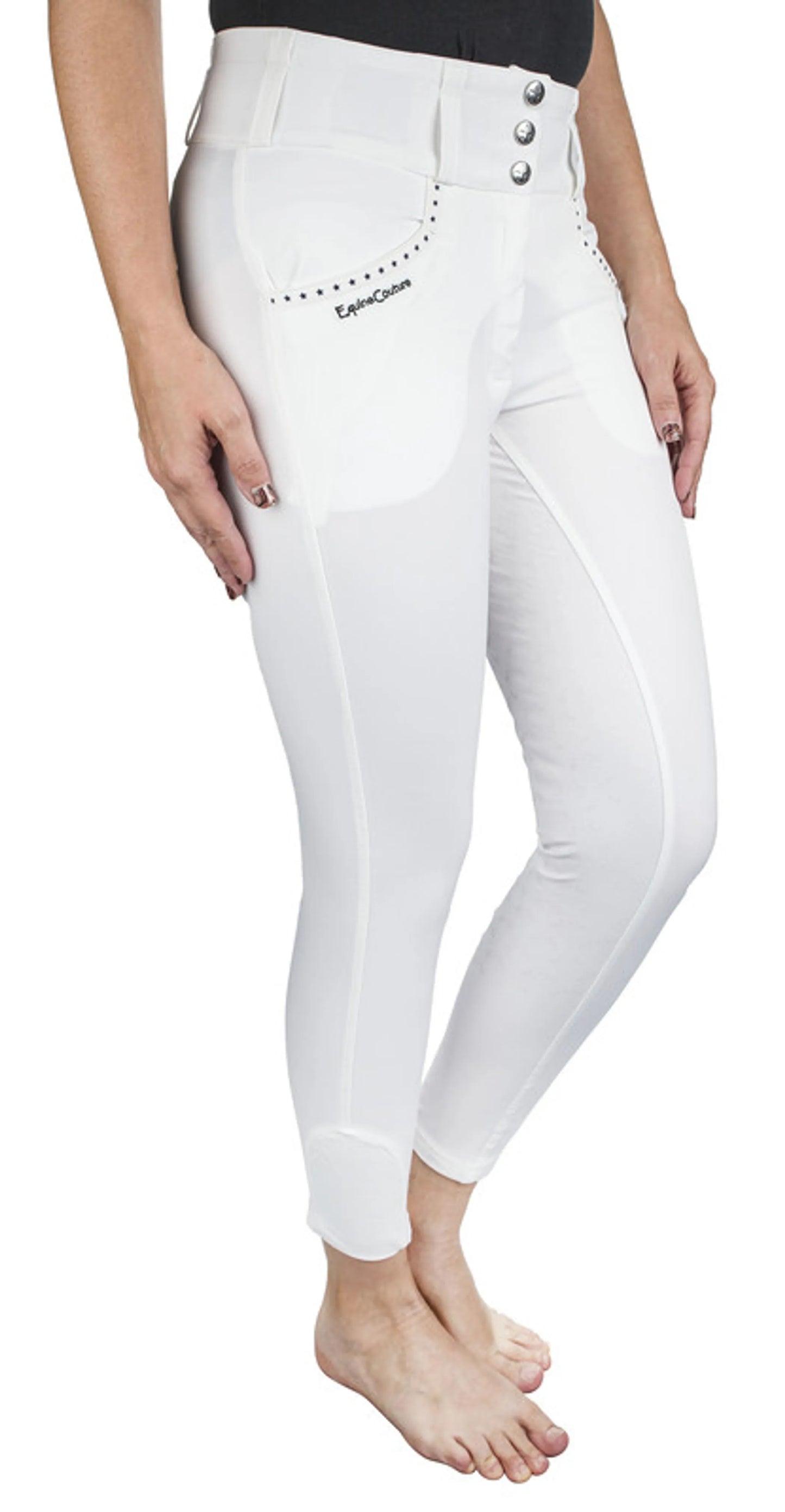 Woman wearing EQUINE COUTURE NICOLE FULL SEAT BREECH- BLACK, 24 white equestrian pants standing barefoot