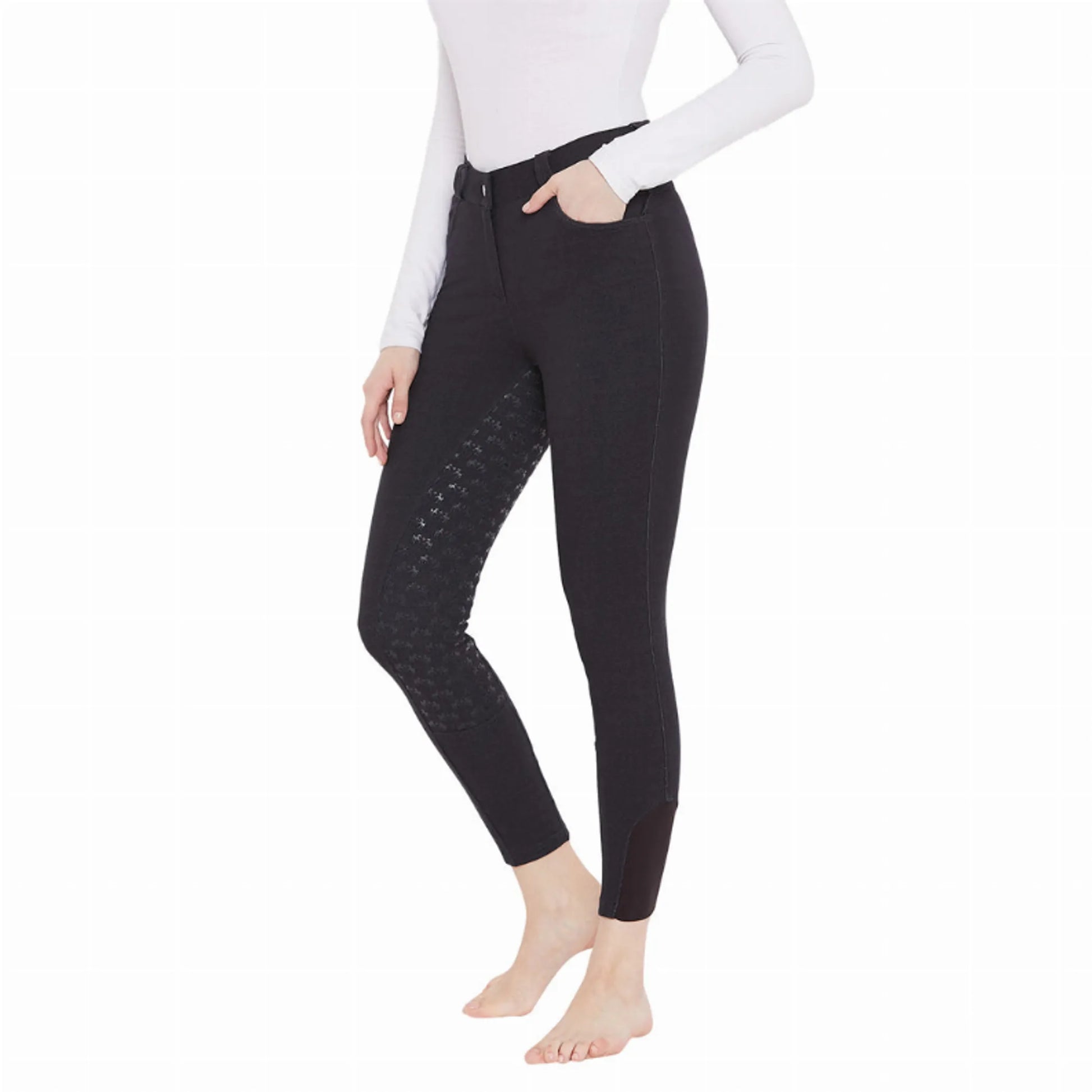 Model wearing black EQUINE COUTURE HEATHER FULL SEAT BREECH with full seat grip and white long sleeve top