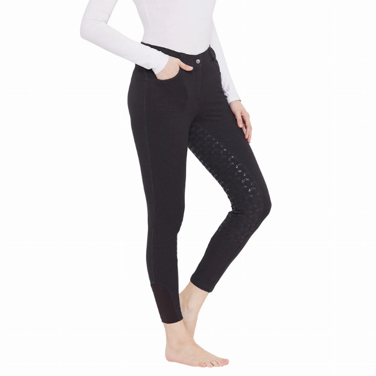 Model wearing black EQUINE COUTURE HEATHER FULL SEAT BREECH with textured full seat panels for equestrian use