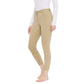 Model wearing beige EQUINE COUTURE HEATHER FULL SEAT BREECH with patterned grip panels and white long-sleeve top