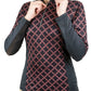Woman wearing a patterned EQUINE COUTURE EQUICOOL LEATHERWORKS SPORT SHIRT with long sleeves and zipper collar.