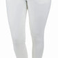 Front view of white EQUINE COUTURE SLIMMING BREECHES worn barefoot, designed for equestrian comfort and style.