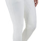 Woman wearing white EQUINE COUTURE SLIMMING BREECHES standing barefoot against white background