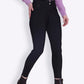 Model wearing Equine Couture Slimming Breeches-Black-24 paired with boots and a lavender long sleeve top