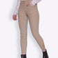 Woman wearing Equine Couture Slimming Breeches-Black-24 in tan beige with riding boots and lace top on white background