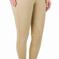Equine Couture Ladies Nicole Knee Patch Breech in beige with white trim and silver buttons, shown on model's lower body.