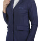 Woman wearing navy Equine Couture Women EquiVent 4-Snap Button Lite Show Coat with tan riding pants in white background