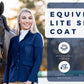 Woman wearing Equine Couture Women EquiVent 4-Snap Button Lite Show Coat standing next to a horse outdoors
