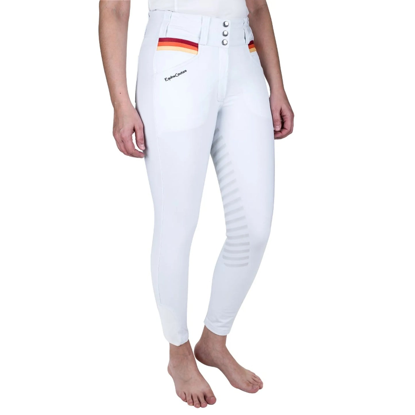 Equine Couture Women's Gradient Full Seat Breech- White w/ Red Stripes- 24 on model, showing front detail and fit