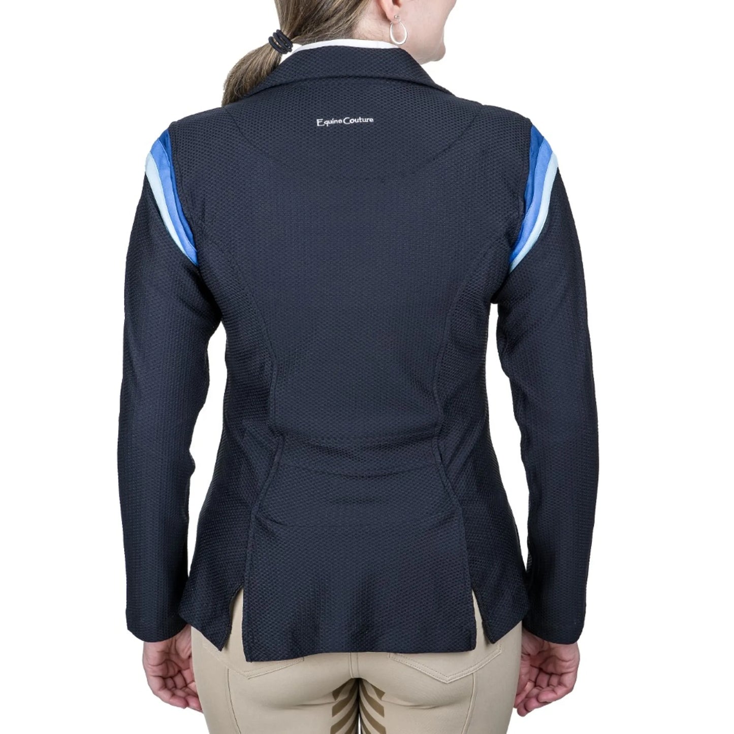 Back view of Equine Couture Women's EquiVent Gradient Show Coat- Black w/ Red Stripes- 1X worn by model in tan riding pants